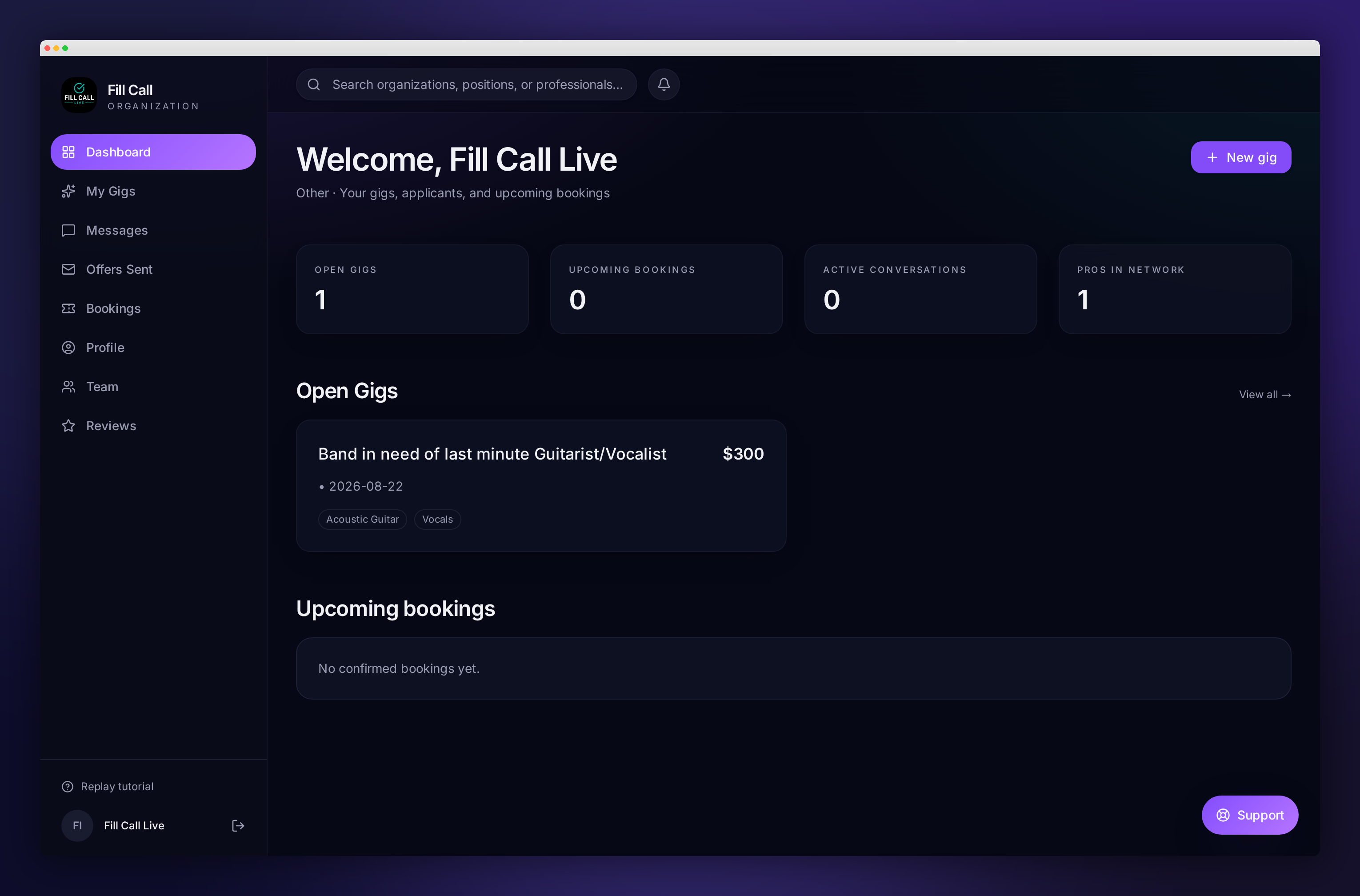 Fill Call organization dashboard showing open gigs, upcoming bookings, and active conversations